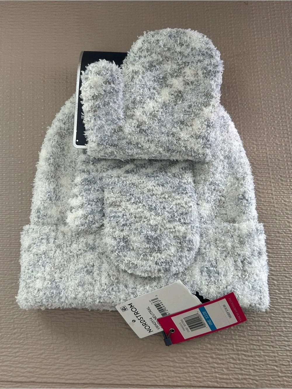 Vince Camuto Ivory Neutral Fuzzy Beanie & Mittens Set